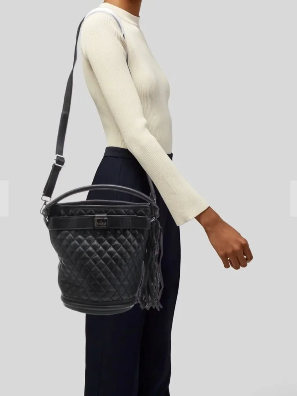 Claudie Pierlot Black Leather Quilted Bucket Bag